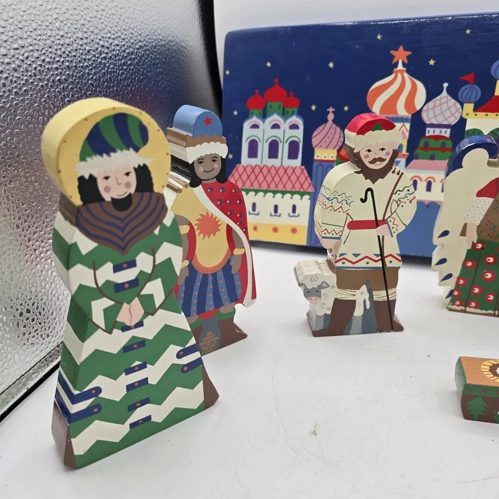 Vintage Pier 1 Christmas Carved Painted Wooden Nativity Set Of‎ 9 Folk Art